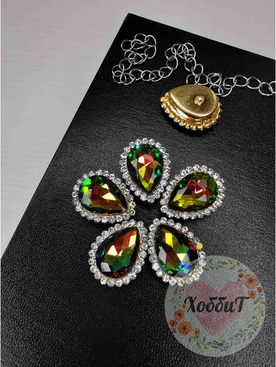 Стразы пришивные в золотой оправе "Капля" 14*18мм. (хамелеон)